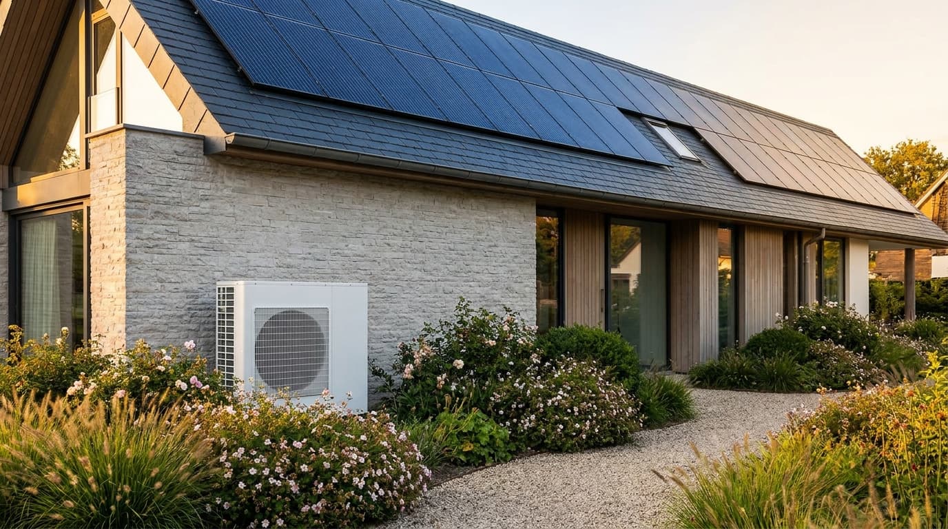 Maison équipée d'une PAC et de panneaux solaires