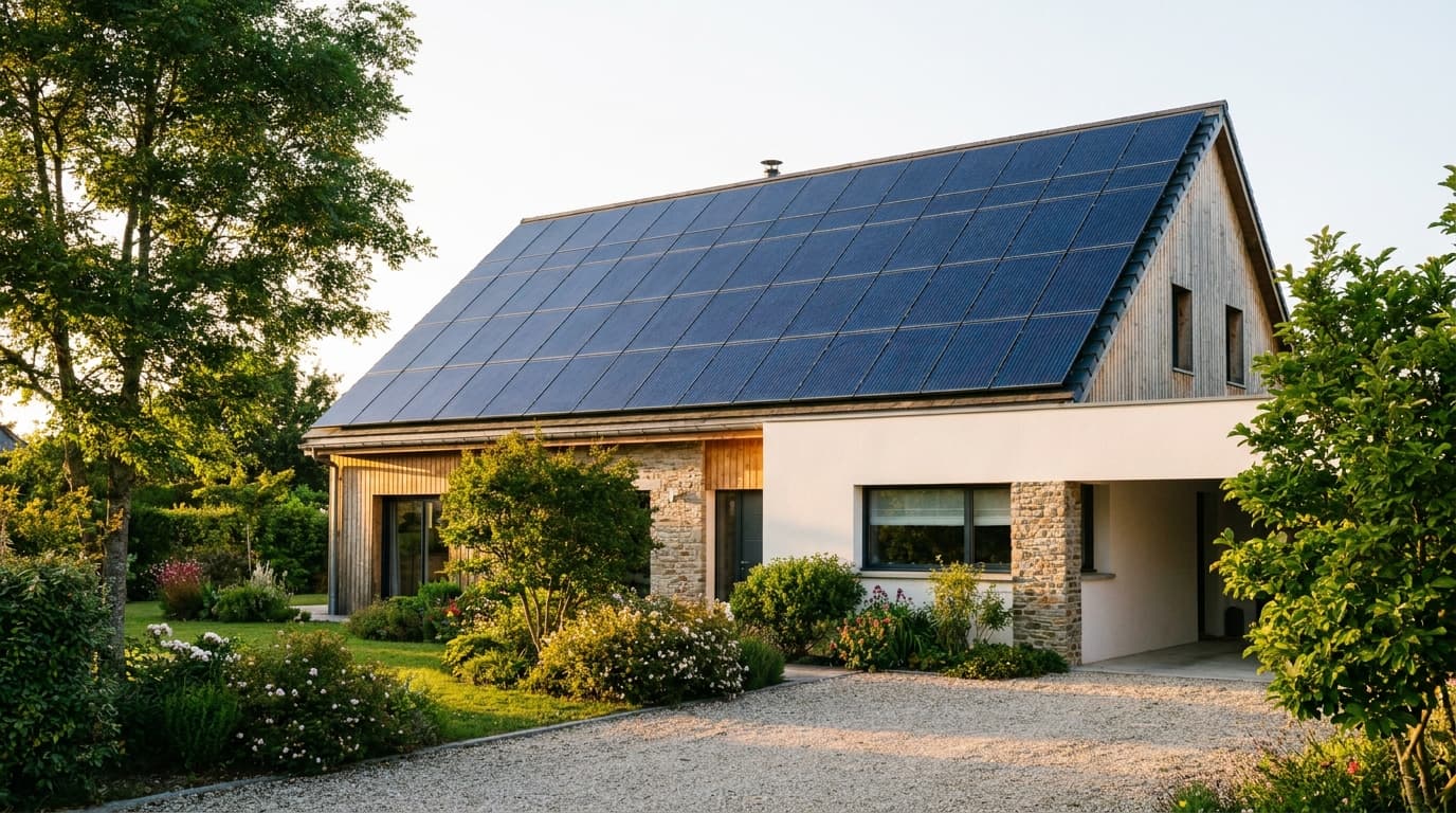Toiture résidentielle équipée de panneaux solaires monocristallins