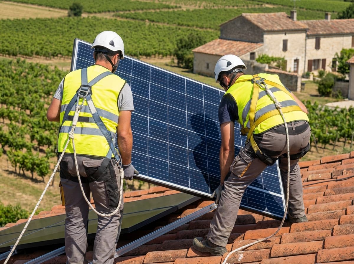 Techniciens installant des panneaux solaires
