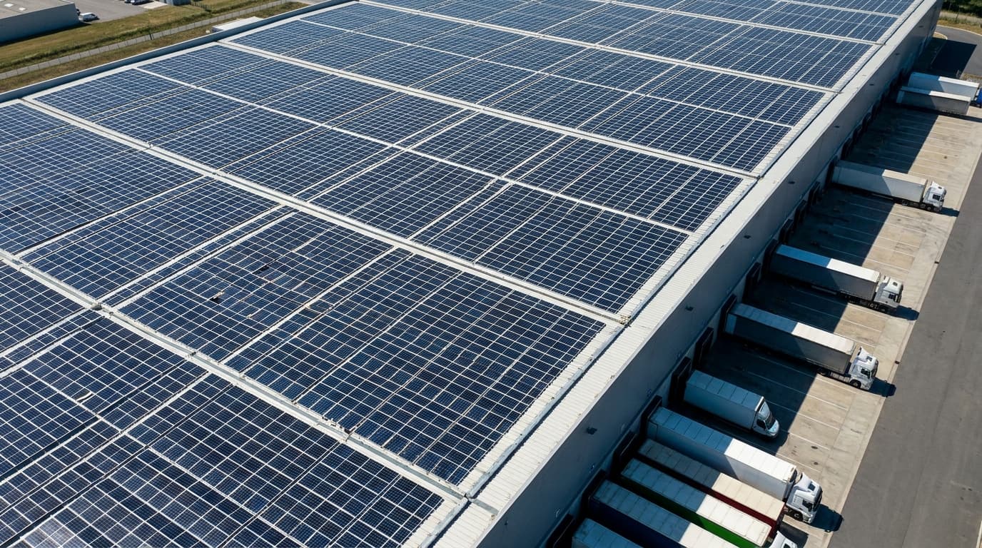 Toiture industrielle entièrement couverte de panneaux solaires